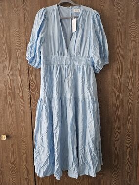 Light Blue V-Neck Tiered Midi Dress with Puff Sleeves